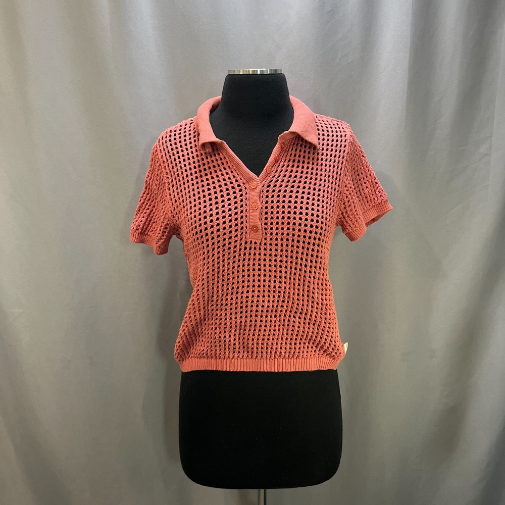 Calvin Klein Open Stitch Polo Shirt Womens M Coral Pink Cap Sleeve Everyday Wear